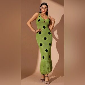 Green Knit Polka Dot Fringe Maxi Dress